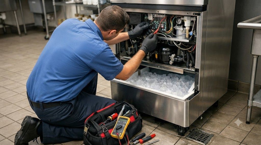 Technician repairing a stainless steel commercial kitchen machine with tools on the floor