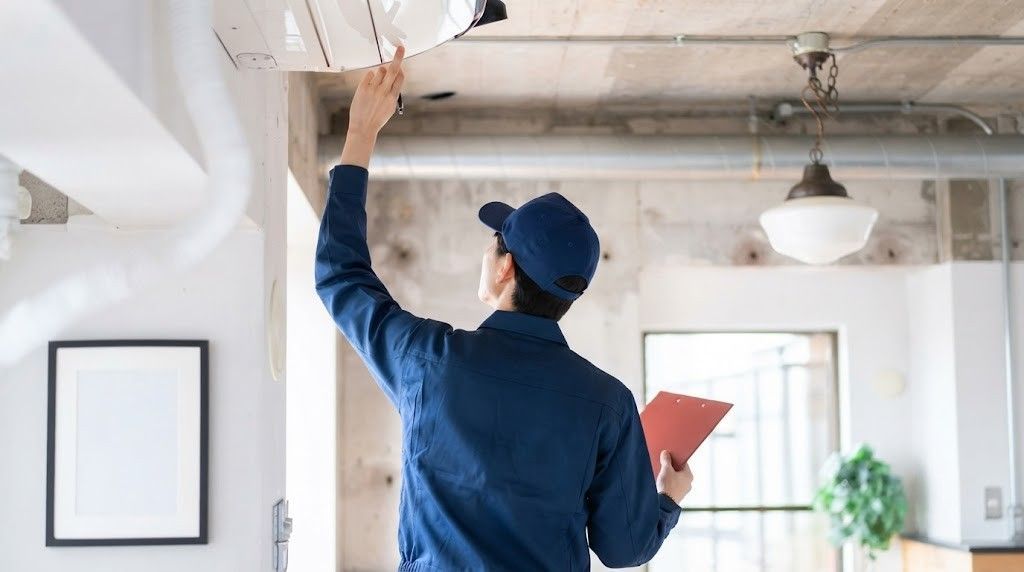 Worker in blue uniform inspecting a ceiling fixture with a clipboard in a bright room