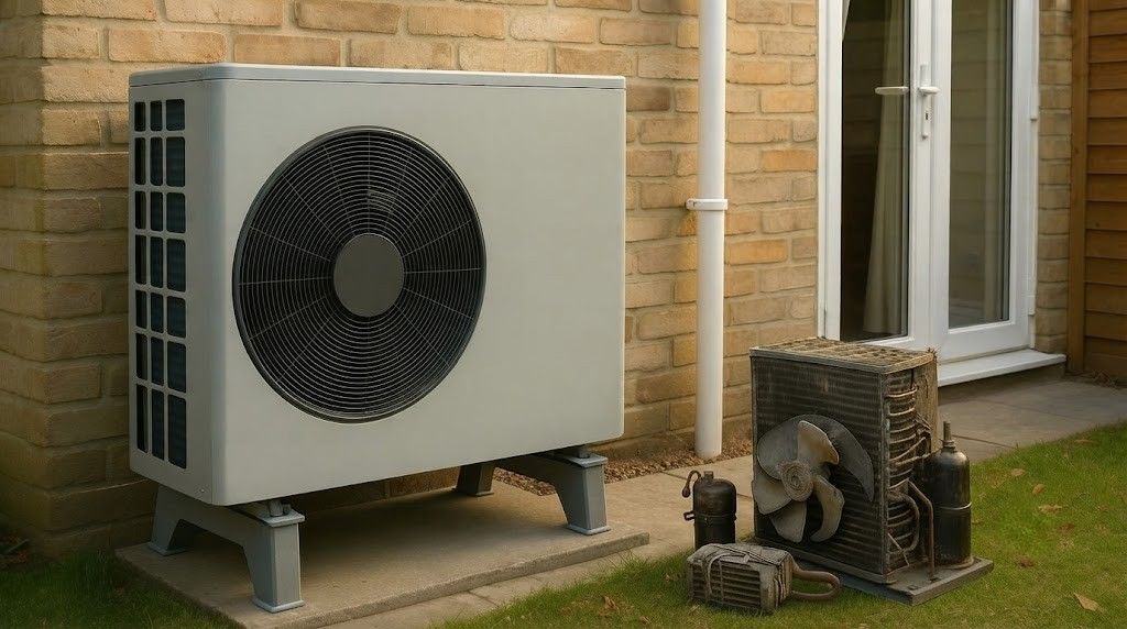 Outdoor heat pump units beside a brick house, one large gray unit and a smaller weathered one