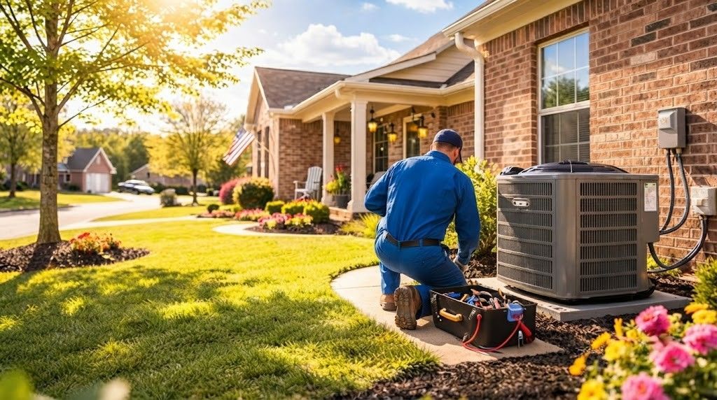 Technician servicing an outdoor HVAC unit beside a brick suburban house on a sunny day