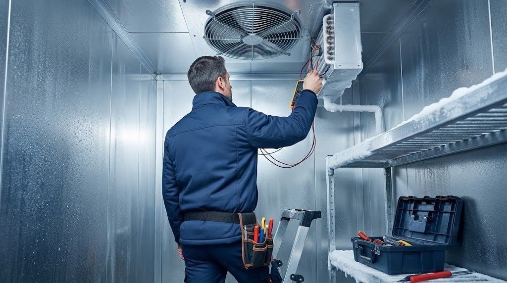 Technician inspecting a ceiling vent in a metallic HVAC room with tools and a service case