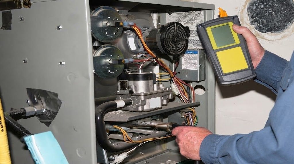 Person working on pipes above a refrigerator in a utility area, reaching into the ceiling