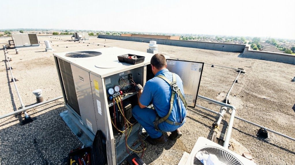 Technician in blue overalls servicing rooftop HVAC unit on a flat roof under bright sunlight