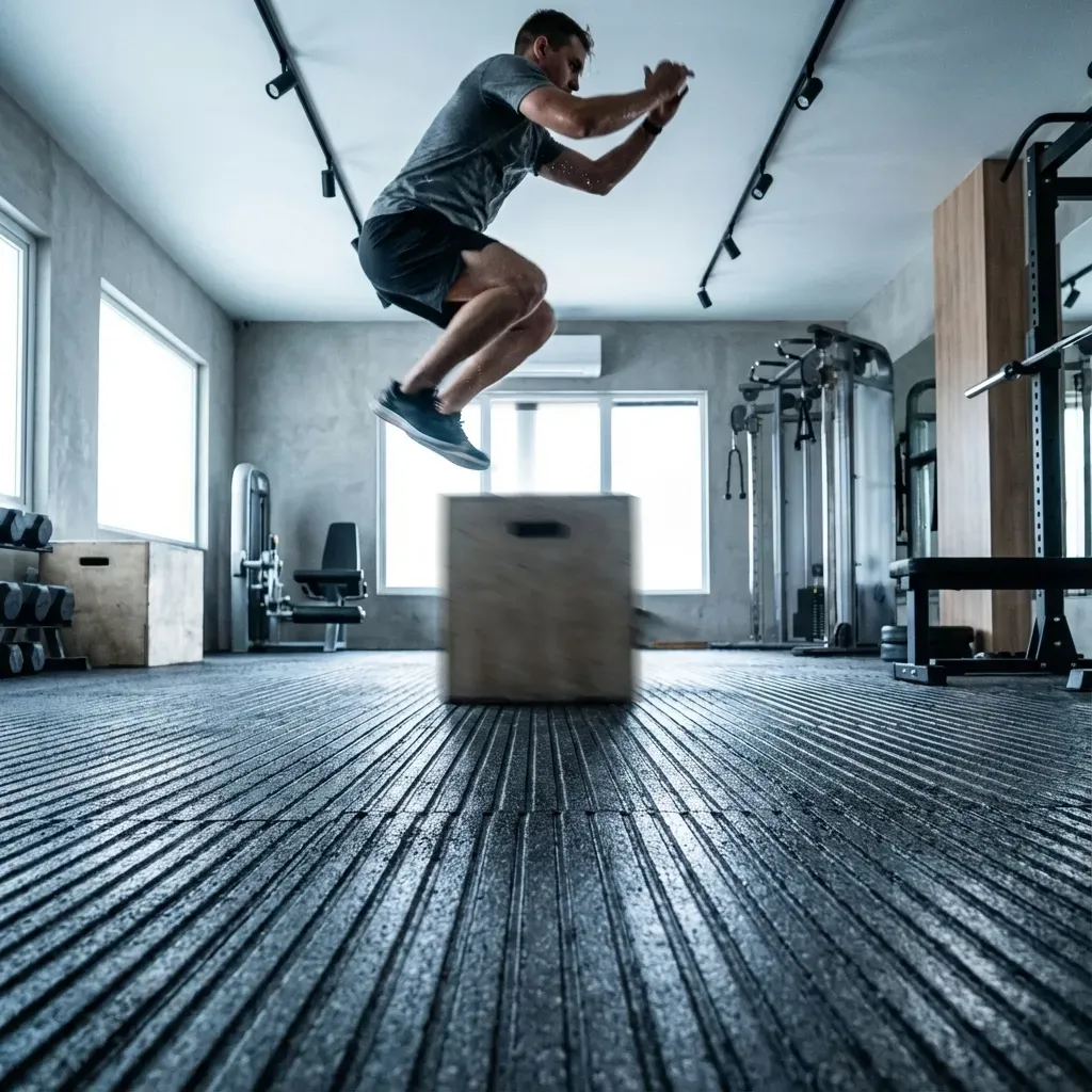 Man jumps onto a wooden box in a gym, black floor, gray walls.