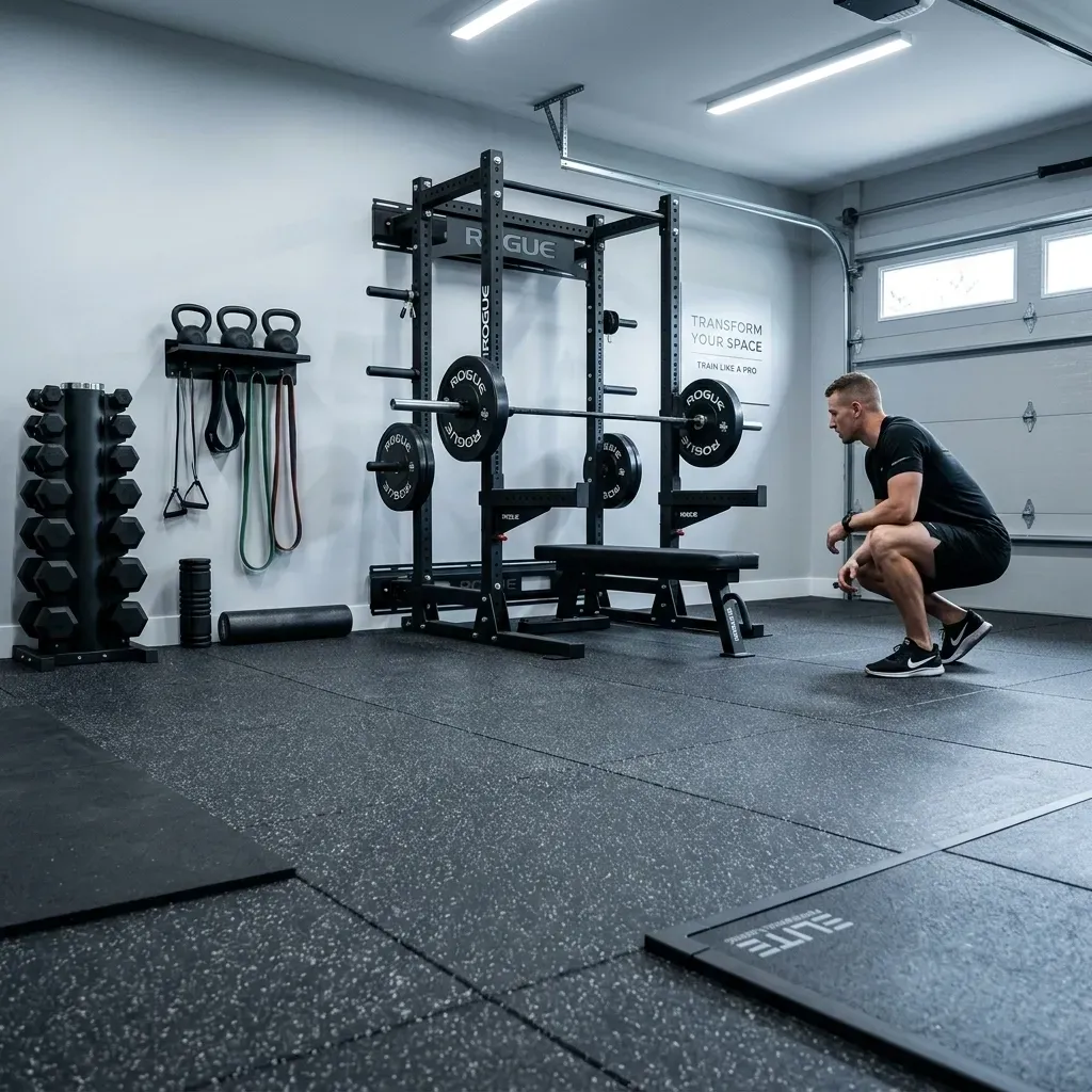 A person in a garage gym kneels on black rubber flooring near a barbell squat rack with weight plates and storage.