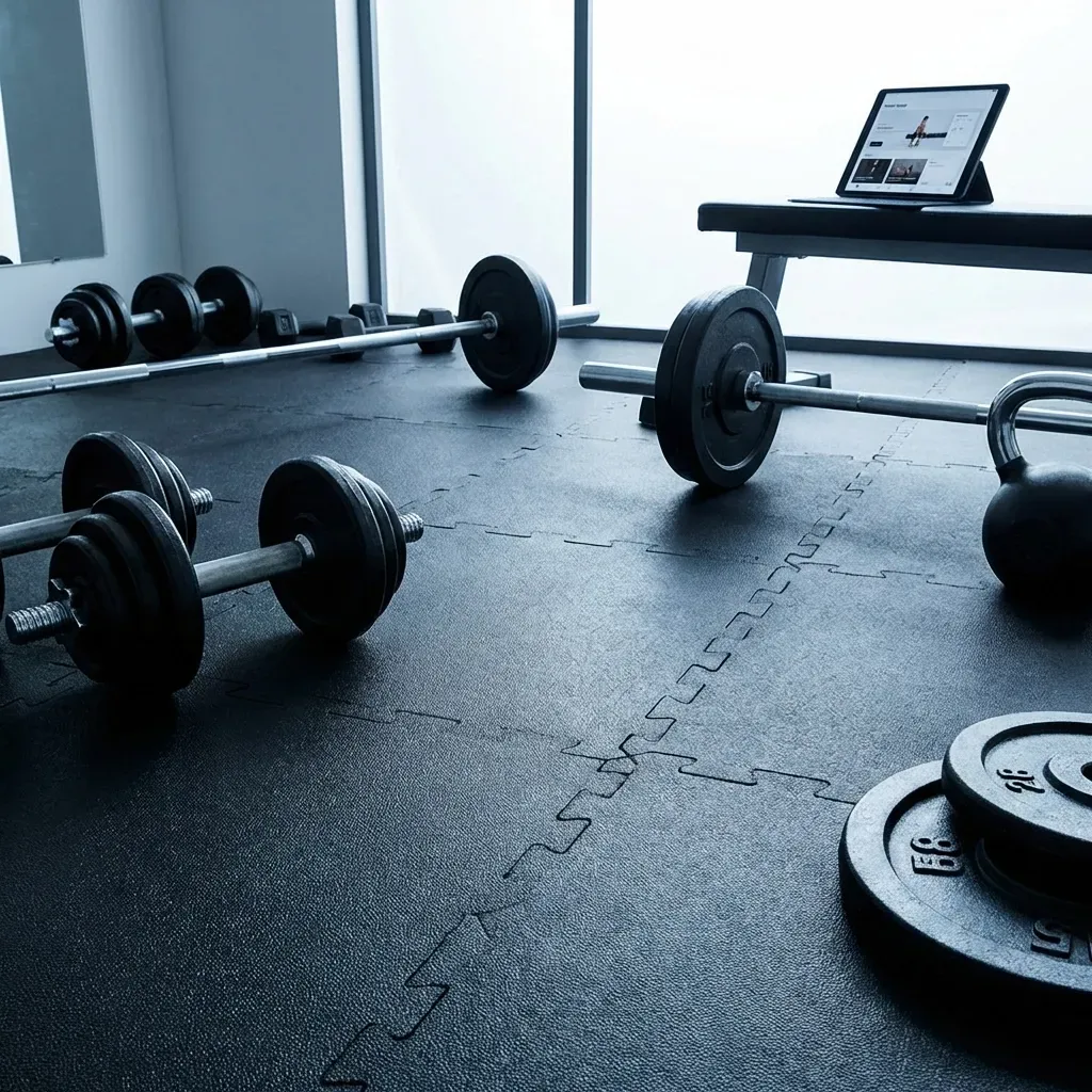 Weights, dumbbells, and a tablet showing a workout guide are arranged on a gym floor.