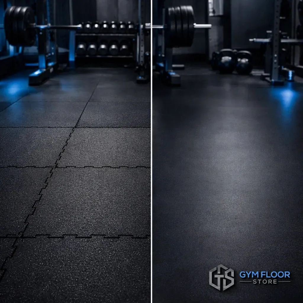 A split-screen comparison showing gym flooring tiles on the left and a seamless gym floor roll on the right.
