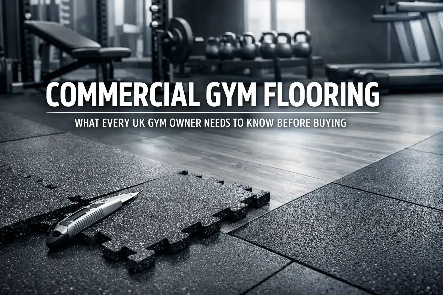 Commercial gym flooring advertisement; a gym interior with interlocking rubber tiles and equipment.