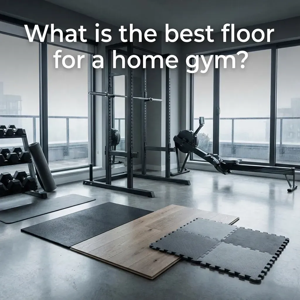 Home gym with fitness equipment and samples of flooring options.