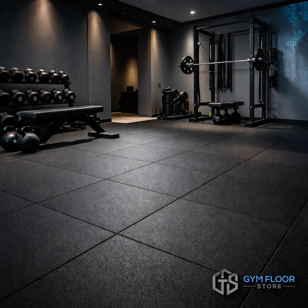 Black rubber gym flooring with weights and a weight rack in a dimly lit room.