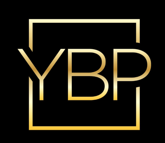 A black and gold logo for ybbp on a black background