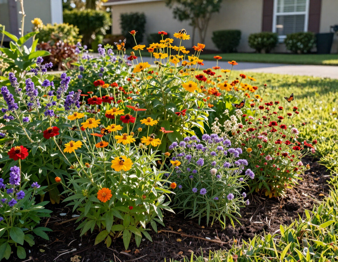 Photorealistic pollinator garden in Florida with native wildflowers, bees, butterflies, and layered planting beds