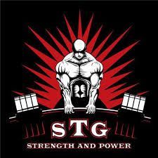 A muscular man is lifting a barbell in a logo for a gym.