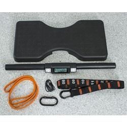 A set of resistance bands , a bar , and a digital scale.