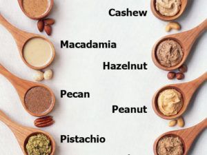 Wooden spoons filled with different nuts including macadamia cashew hazelnut pecan pistachio and peanut