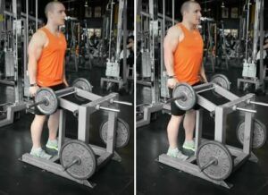 A man is lifting a barbell on a machine in a gym.