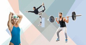 A man is lifting a barbell and a woman is doing yoga.