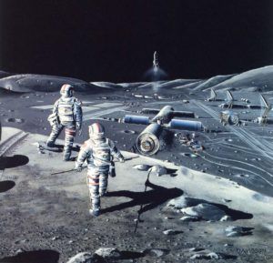 A painting of three astronauts on the moon