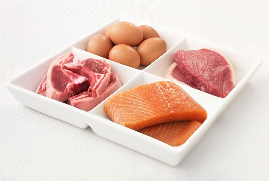 Picture of different types of protein on a plate, salmon, pork, eggs