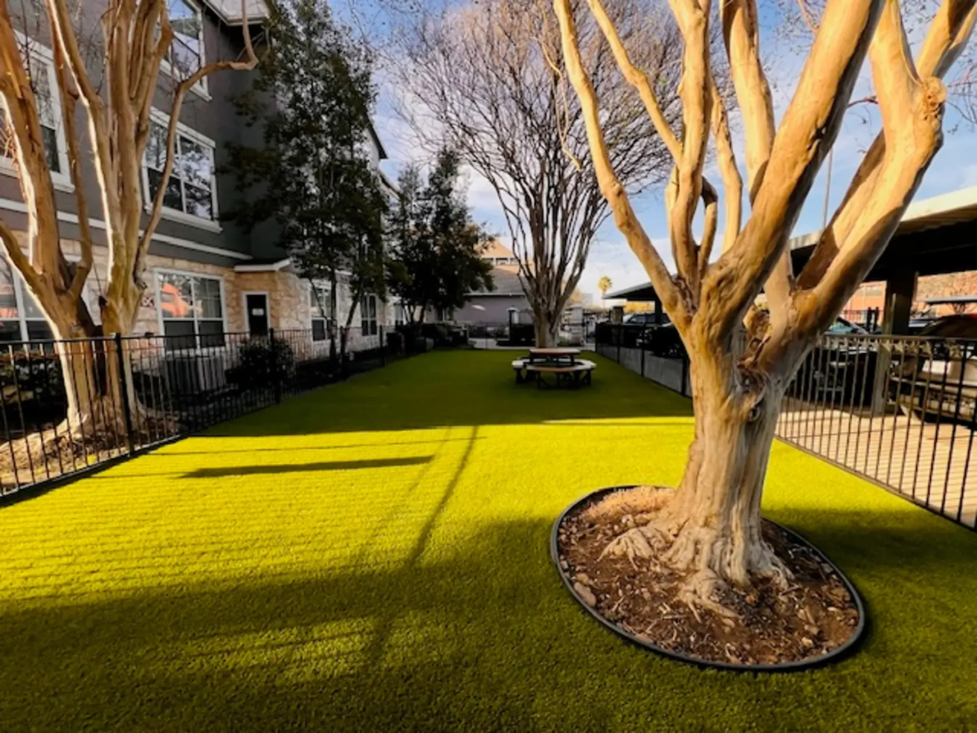 Bright green artificial turf yard with tree, picnic table, and fence. Buildings in background.