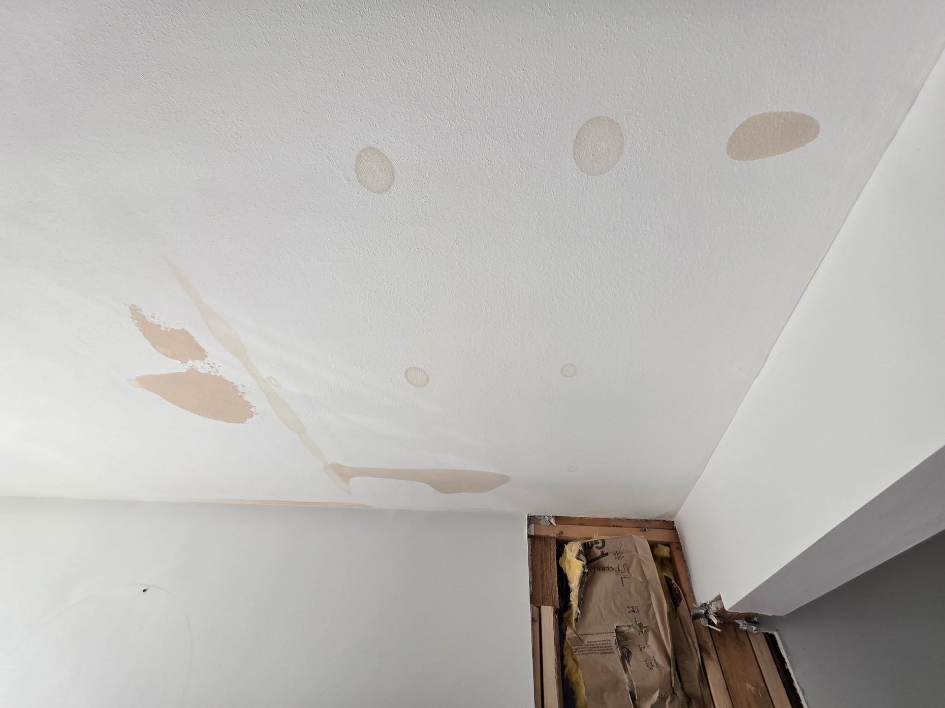 Water-damaged white ceiling with peeling paint and stains near an exposed wall opening