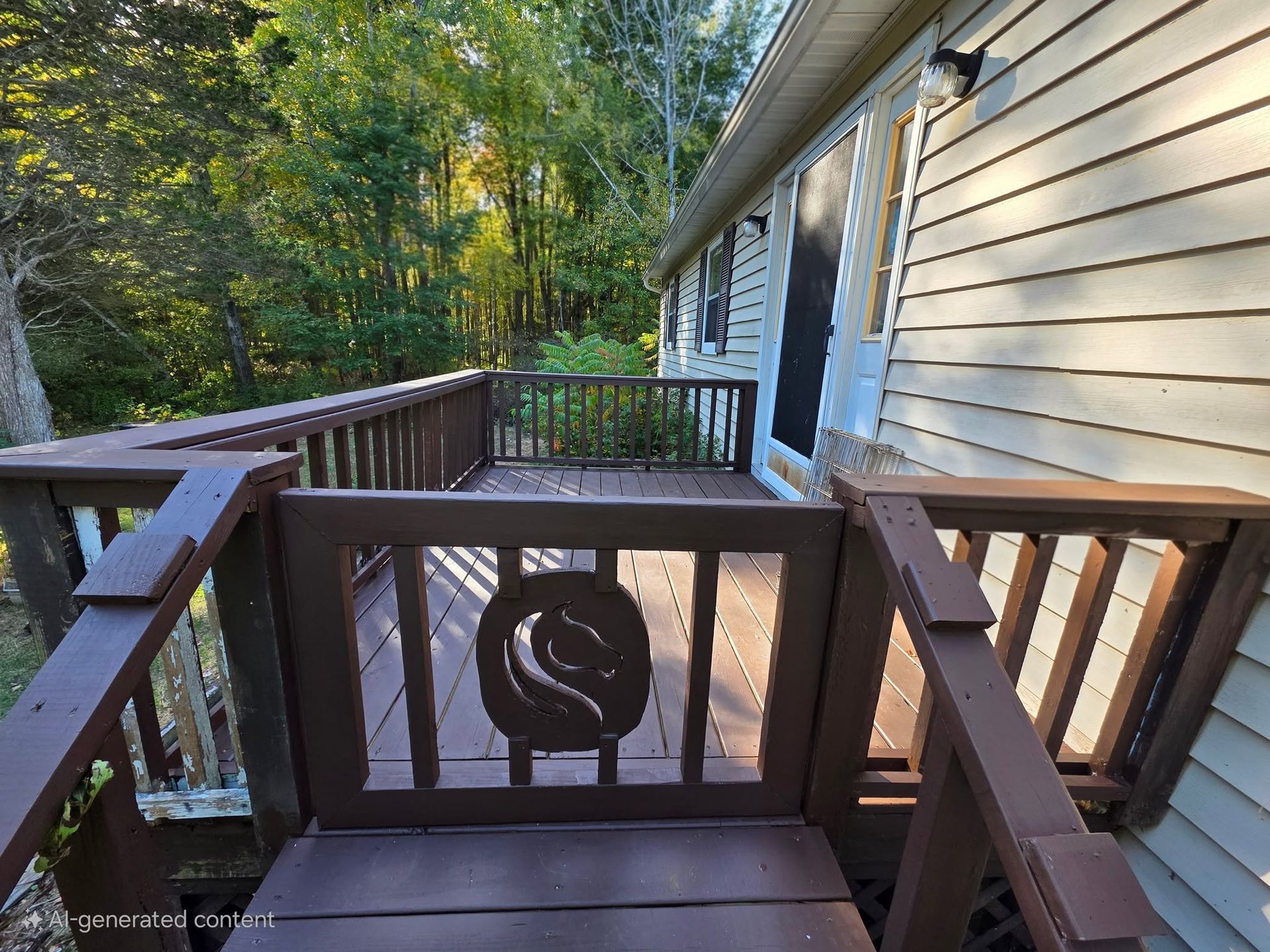 Wooden deck walkway beside beige house, with railing and trees beyond.