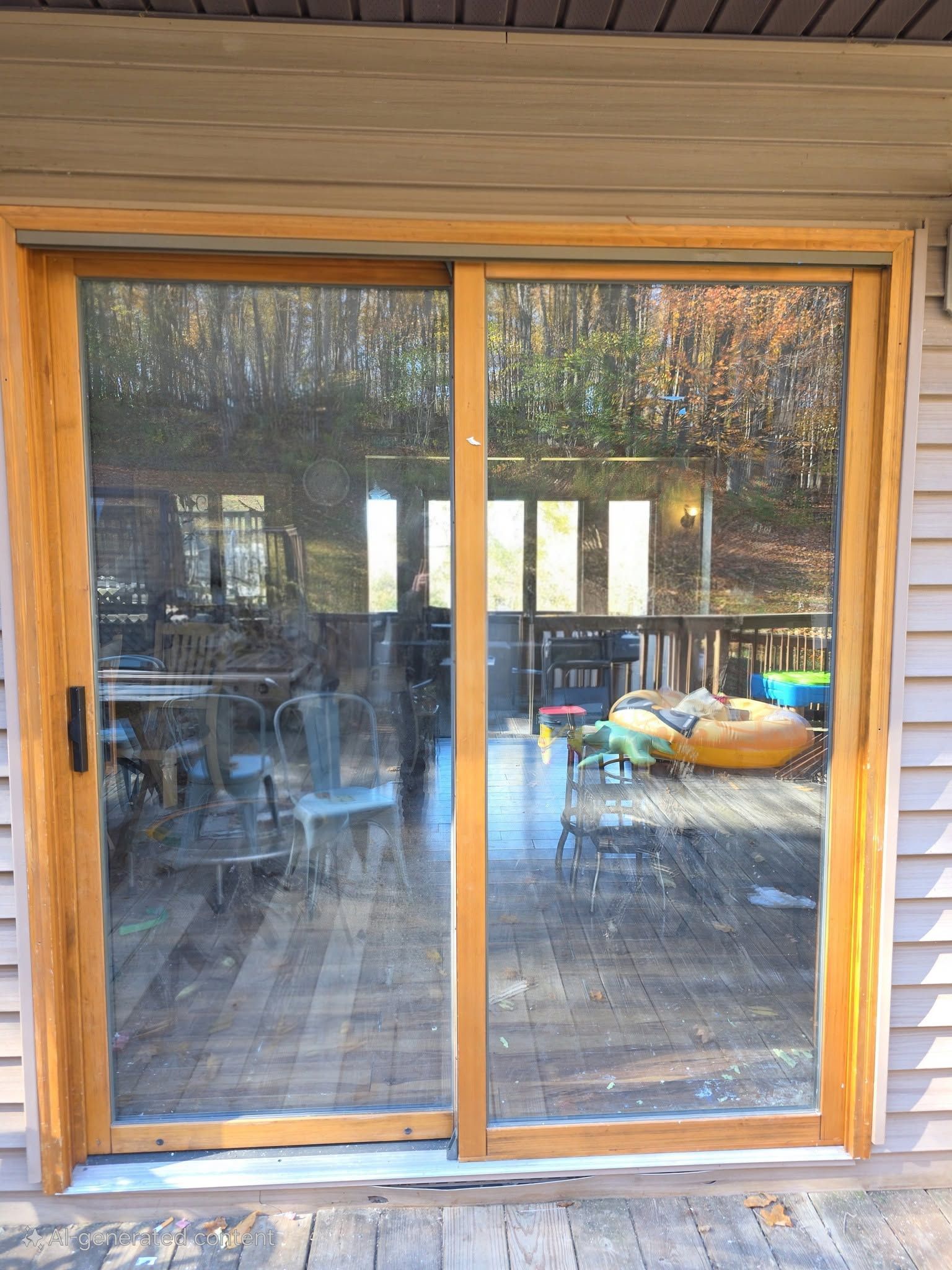 Wooden sliding glass door leading to a deck, with patio furniture and a colorful inflatable visible inside.