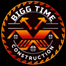 Bigg Time Construction logo with orange roof, crossed hammers, and circular black-red design