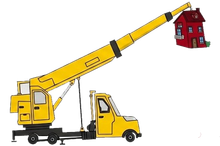 Un camion gru giallo solleva una casa rossa con un lungo braccio.