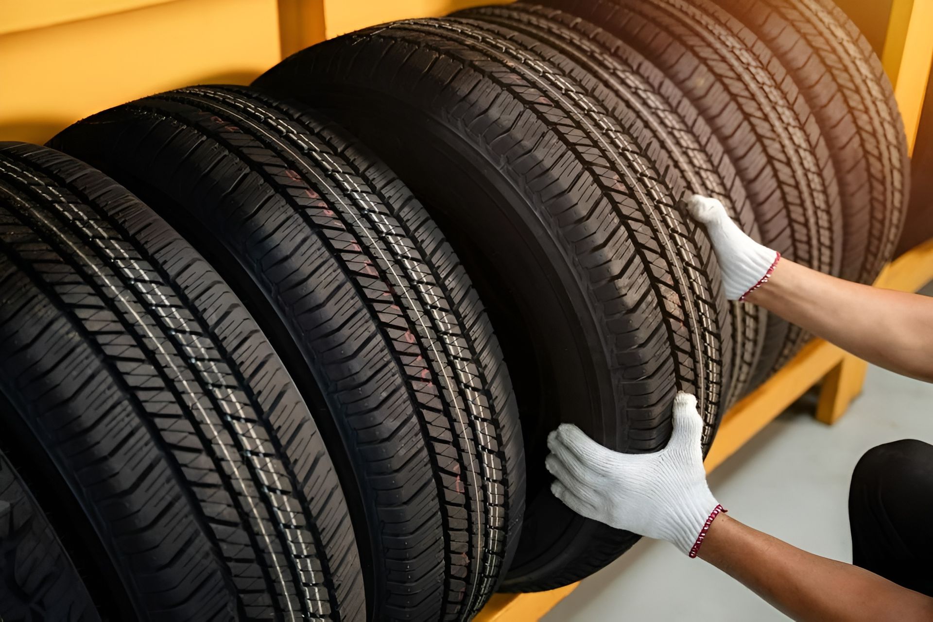 A Person Is Holding a Tyre in Front of A Stack of Tires — Envy Automotive in Gorokan, NSW