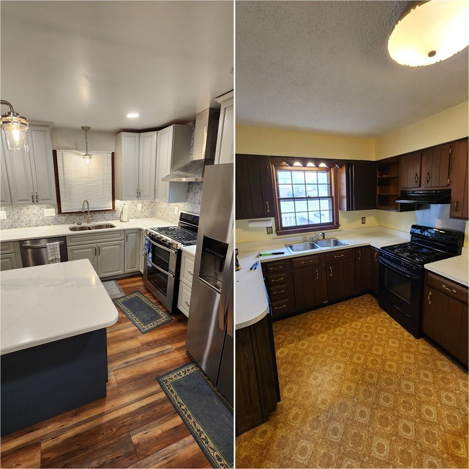 Kitchen renovation: Before and after. Modern grey cabinets and white countertops. Older, dark wood cabinets in the other.