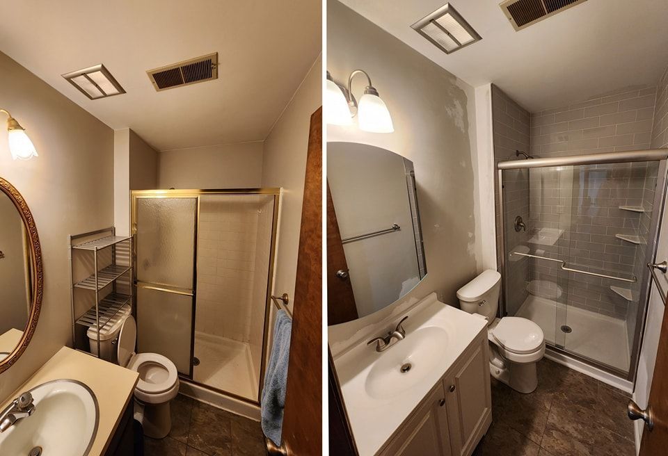 Two bathroom views: before (left) and after (right) renovations, showing the toilet, sink, and shower.