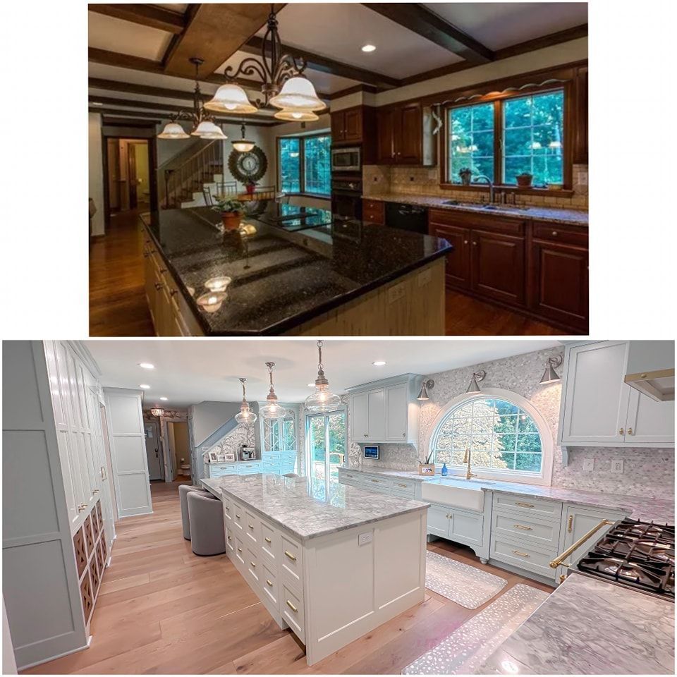 Kitchen remodel before and after. Top: Dark wood cabinets, island, and beams. Bottom: White cabinets, island, and light wood floors.