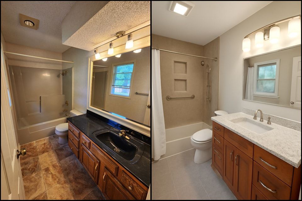 Bathroom remodel: before and after shots. Left: dark cabinets, brown tile, basic shower. Right: light cabinets, beige walls, accessible features.
