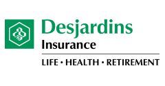 The desjardins insurance logo is green and white and says life , health , retirement.
