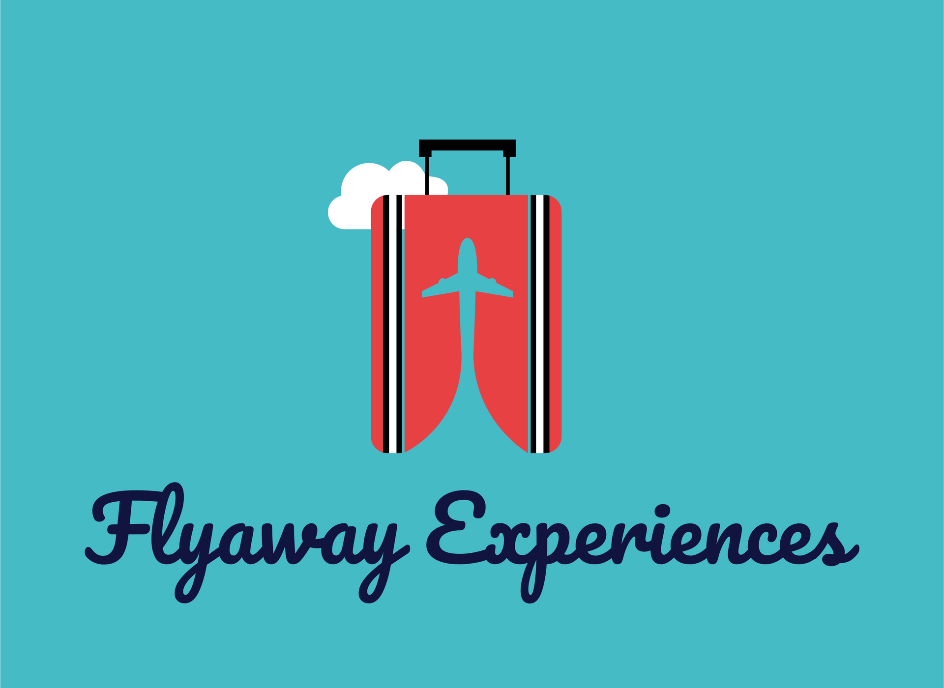 Red suitcase with airplane graphic, cloud. "Flyaway Experiences" text on blue background.
