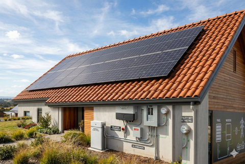 House with solar panels on roof, orange tile, and electrical equipment on wall.