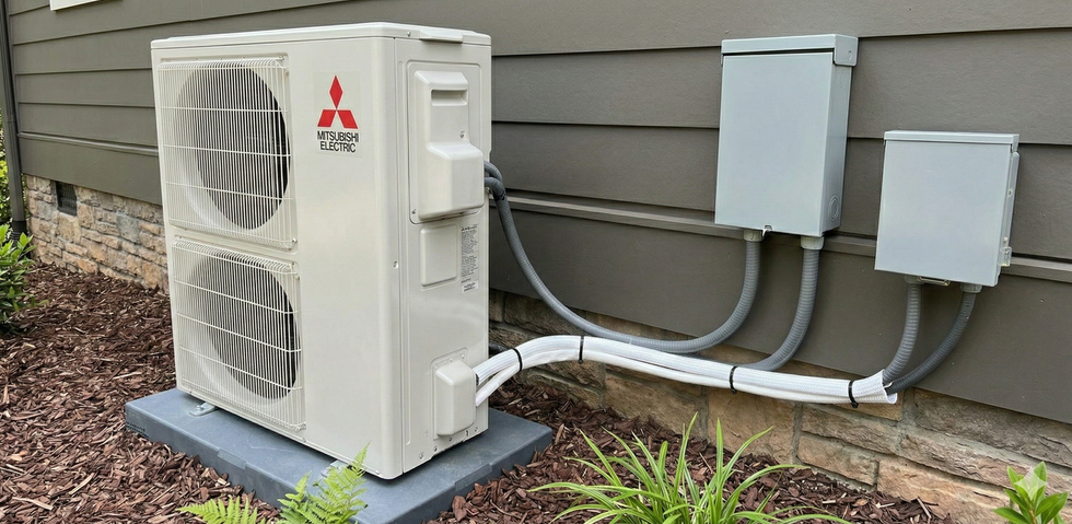 Mitsubishi heat pump unit outside a building with two grey electrical boxes.