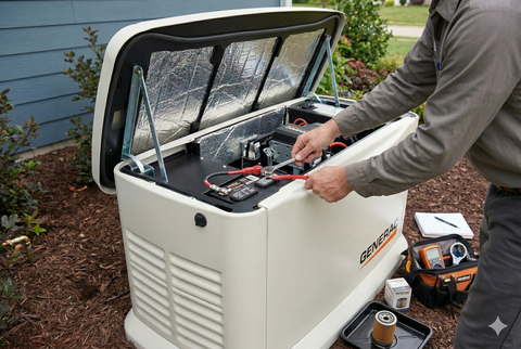 Person servicing a beige home generator outdoors, lid open, tools visible.