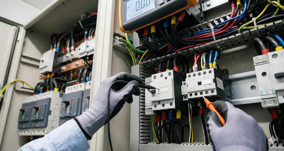 Electrician testing wires inside an electrical panel with a multimeter.