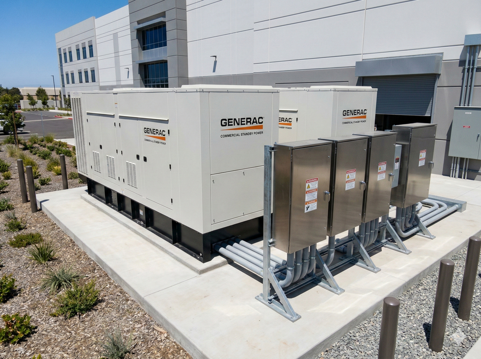 Generac generators on a concrete pad outside a building with electrical boxes.