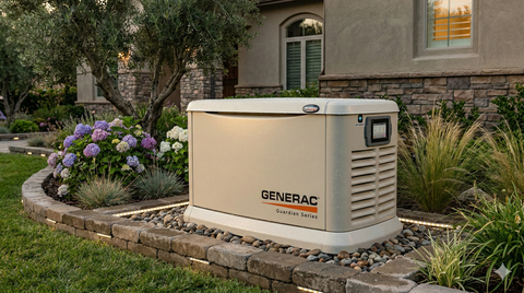 A beige Generac home generator in a landscaped yard.