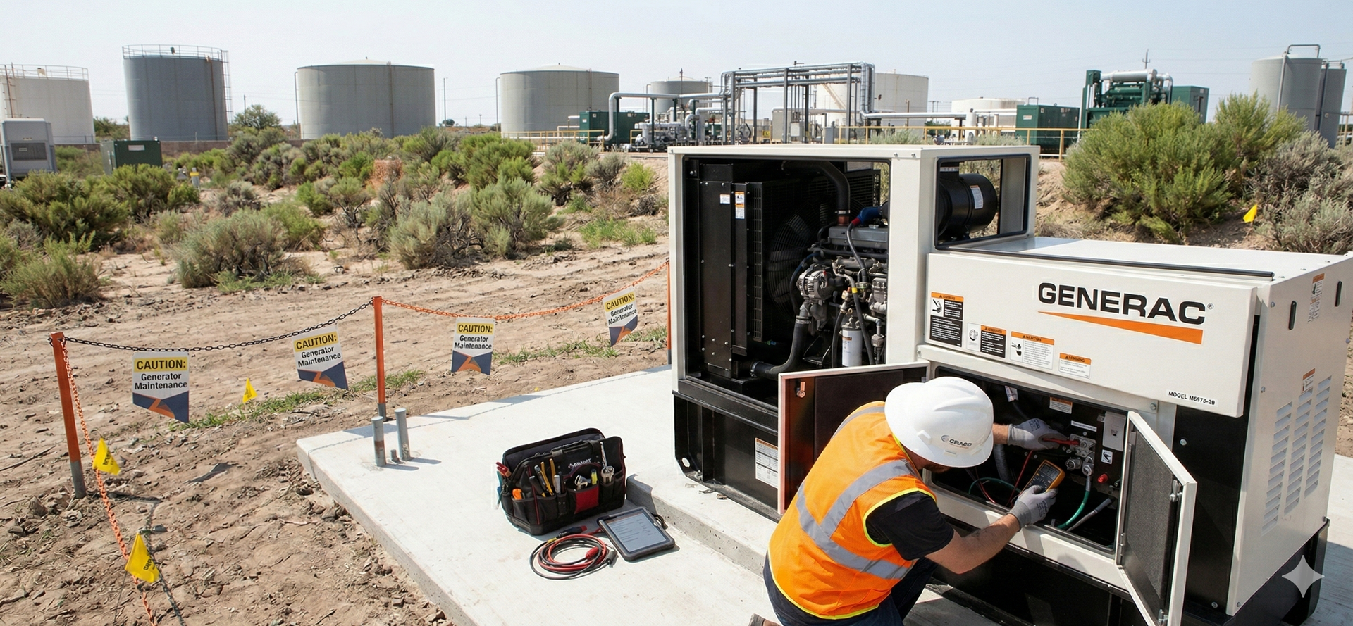 A person in an orange vest repairs a Generac generator in an industrial setting.