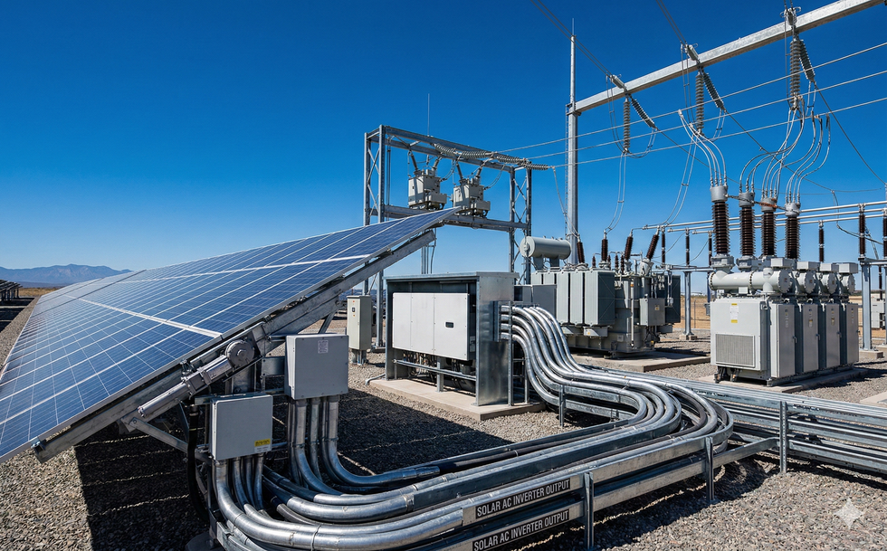 Solar panels connected to power grid components under a clear blue sky.