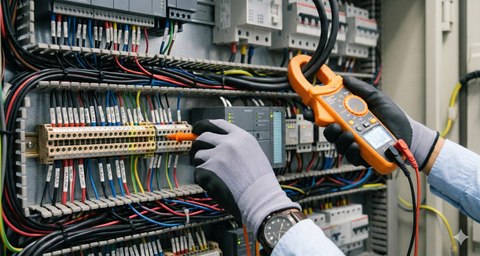 Electrician testing wires in a control panel with a multimeter; cables are color-coded and organized.