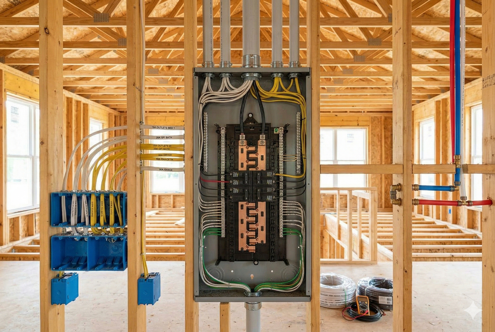 Electrical panel installation in a new construction home; wooden studs and wiring visible.