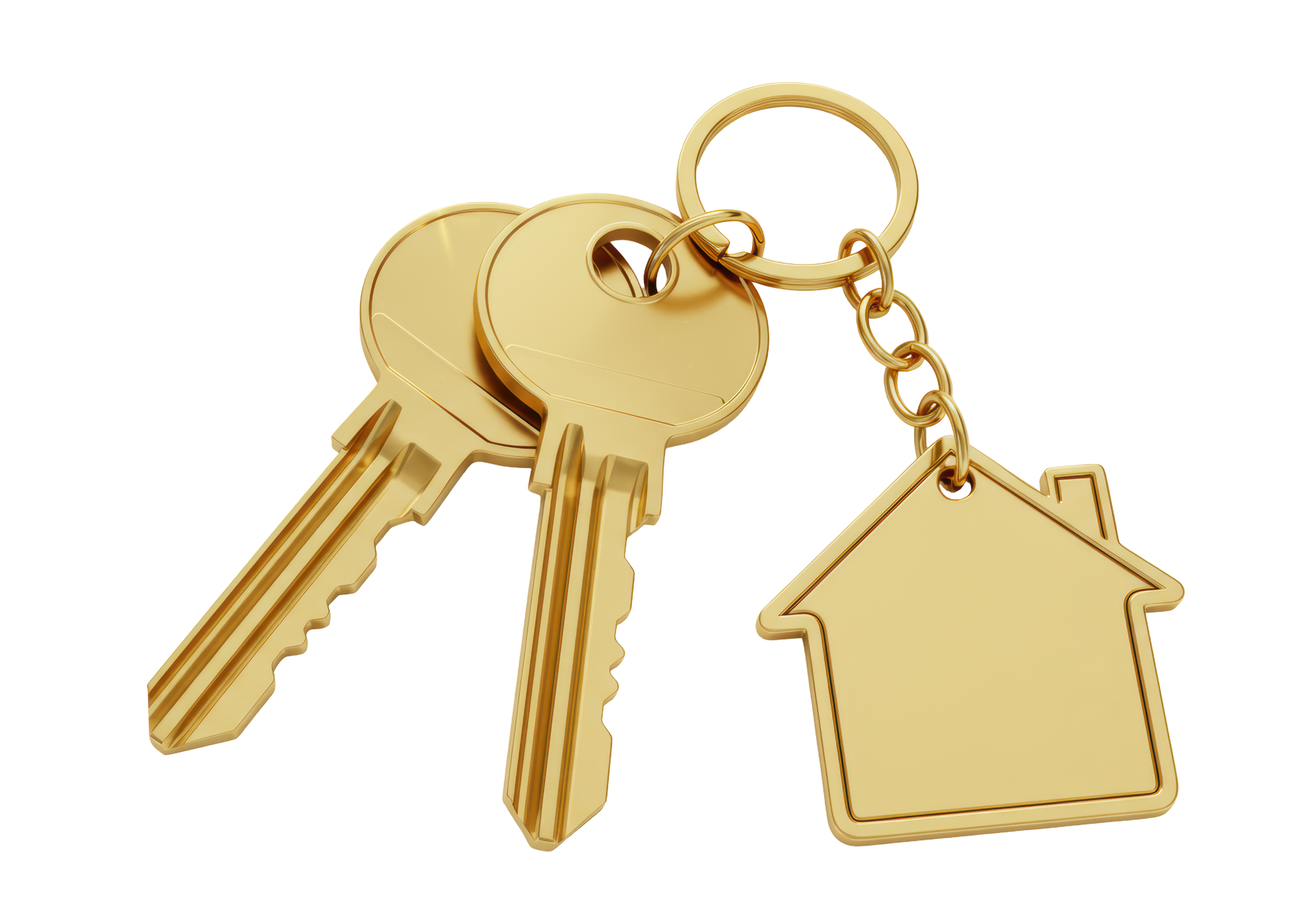 Gold keys with a house-shaped keychain on a white background.