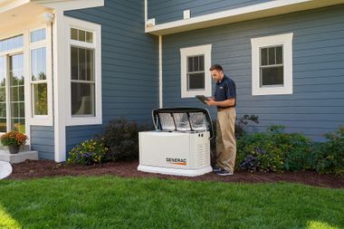 Man standing beside a white generator outside a blue house with white trim and green lawn
