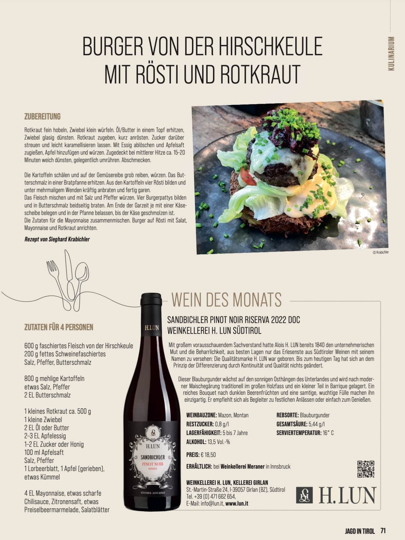 Wein Tirol Kulinarik Burger und Sandbichler Pinot