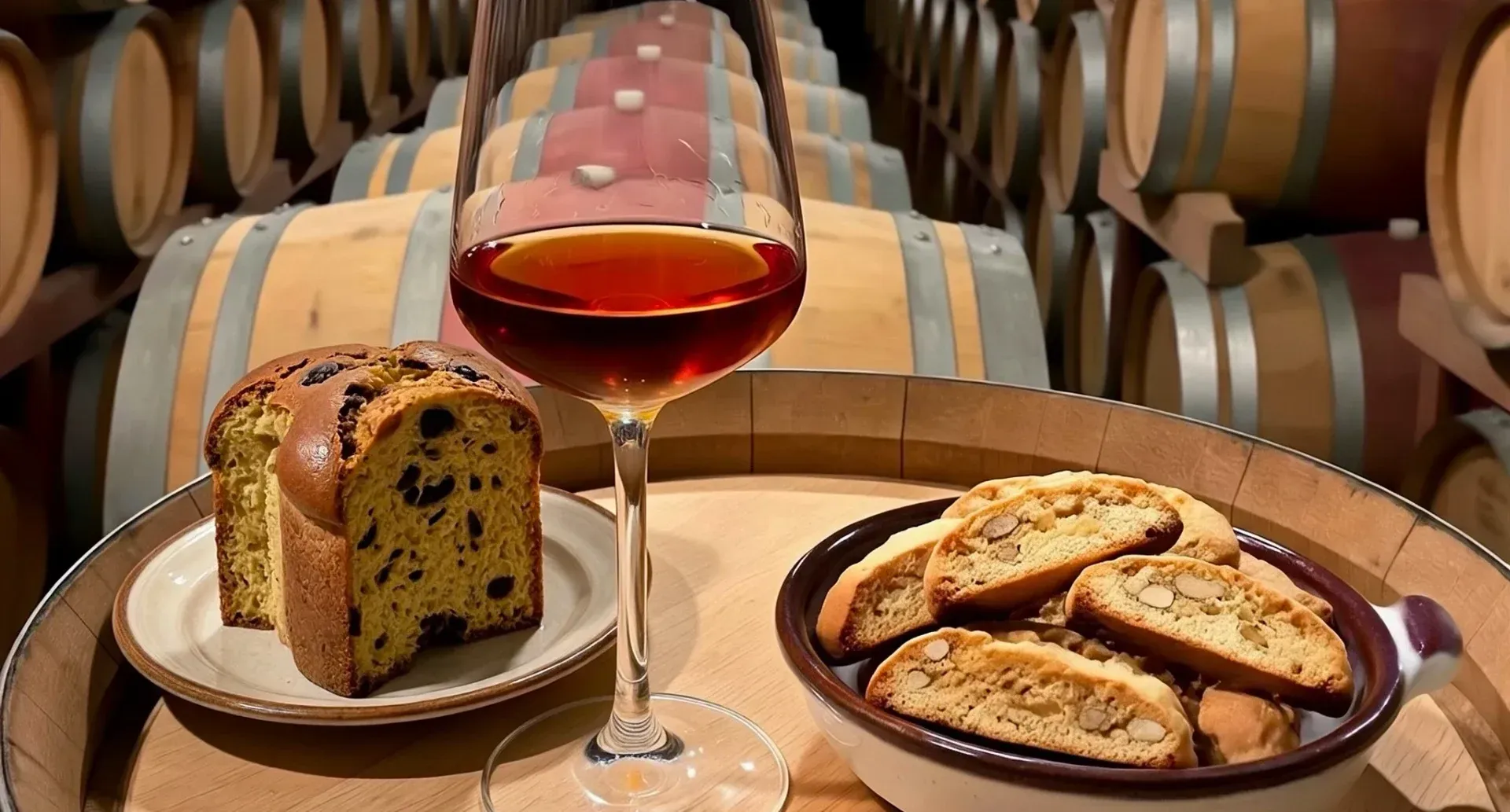 Glas bernsteinfarbener Vino Santo, Panettone und Cantuccini auf einem Fass in einem Weinkeller.